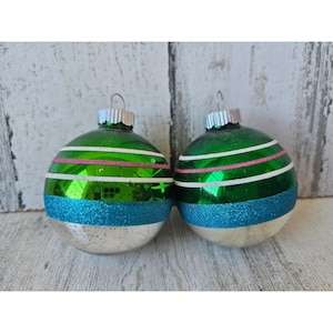 Vintage Radko glänzend Brite grün gestreiften Ball Glitter Ornament Set Weihnachtsbaum