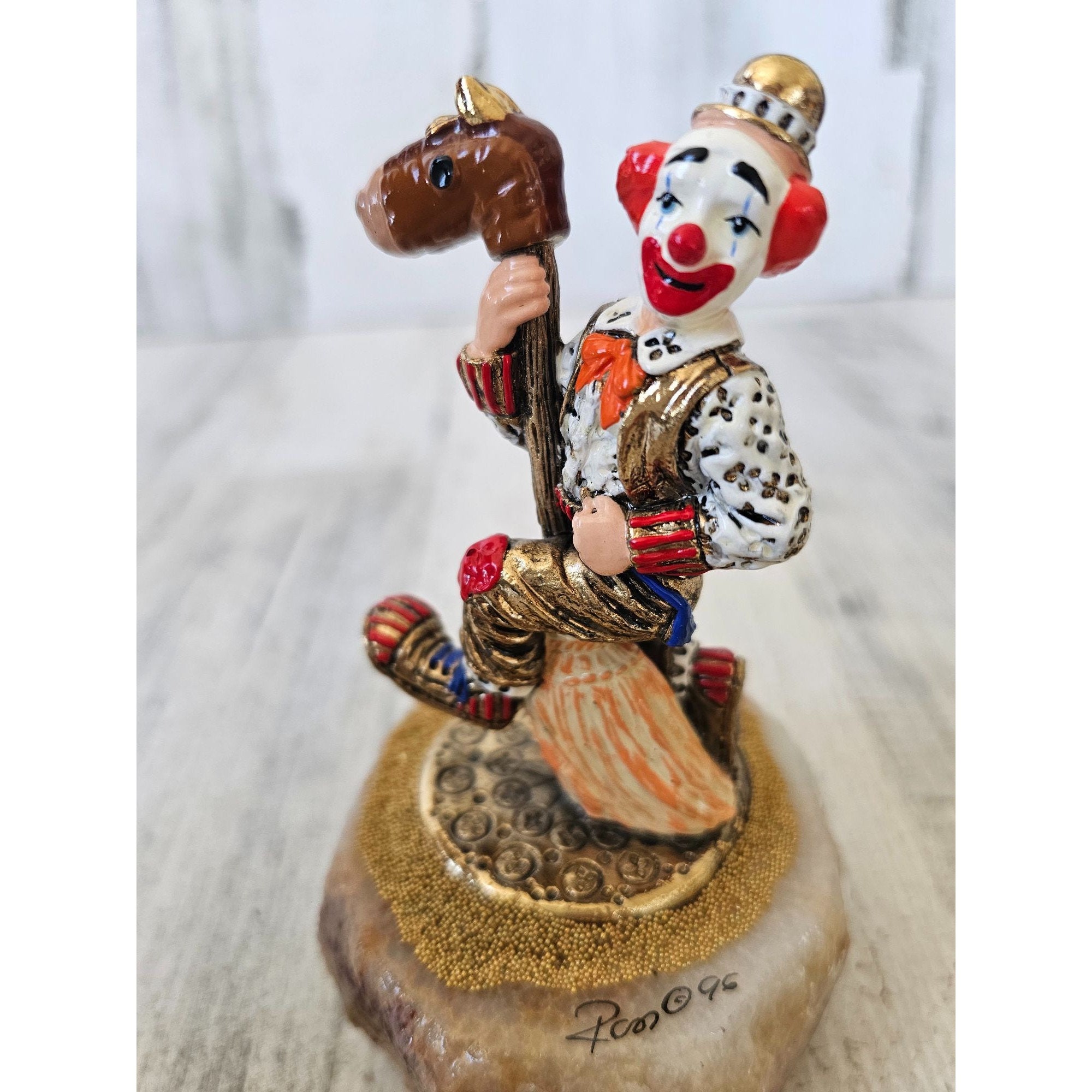 Ron Lee Clown Horse Broom Circus Cowboy 1996 Vintage Statue Gold