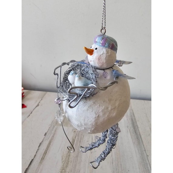 ヴィンテージの雪だるま、青い鳥のオーナメント、ジョイント式の