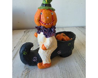 Vintage debra schoch? Pumpkin clown witch hat scarecrow shabby chic vintage figurine Halloween decor statue unique jack-o'-lantern