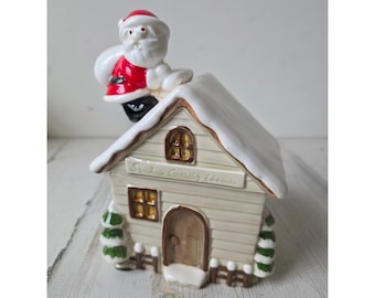 Statuetta natalizia vintage in ceramica di Otagiri, mini barattolo per caramelle a forma di camino di Babbo Natale.