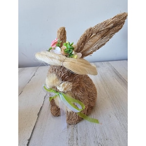 Vintage Pier sisal bottle brush Easter bunny rabbit spring decor hat flowers statue figurine