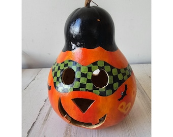 Vintage pumpkin gourd jack-o'-lantern folk art Halloween bat unique light up decor table top centerpiece