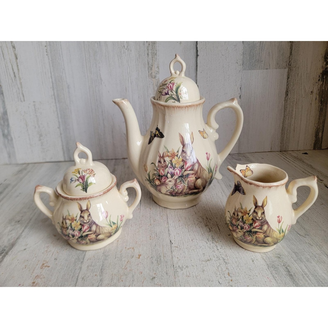Vintage Cracker Barrel AS IS Teapot Easter Bunny Rabbit Set Ceramic - Etsy