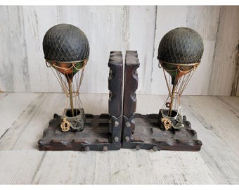 Vintage hot air balloon bookends unique set home decor bookshelf