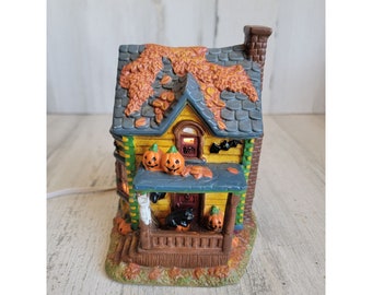 Vintage pumpkin house ceramic black cat fall Halloween Village