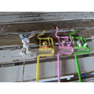 Vintage Bendable Easter Swinging Bunny Duck Straw & Wooden Rabbit Stick Set of 4