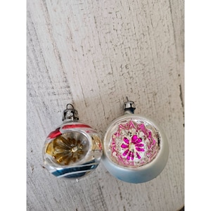 Antique Poland mini indent ball ornament glass mercury reflector striped silver Xmas tree