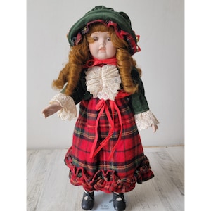 Marian Yu red plaid velvet felt dress School Girl porcelain doll
