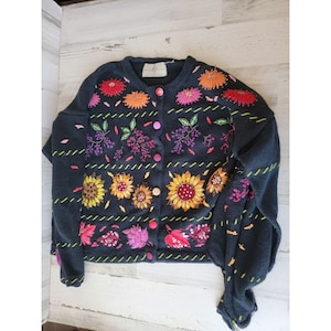 Vintage Design options AS IS cardigan Philip Jane Gordon floral fall embroidered grape