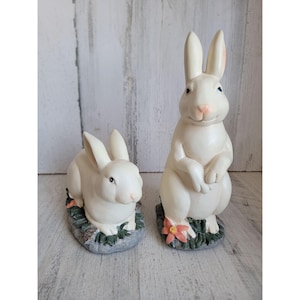 Vintage white bunny flower Easter rabbit home decor spring figure set