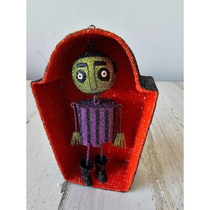 Pier 1 glitter Frankenstein coffin ornament sparkle Halloween decor jointed