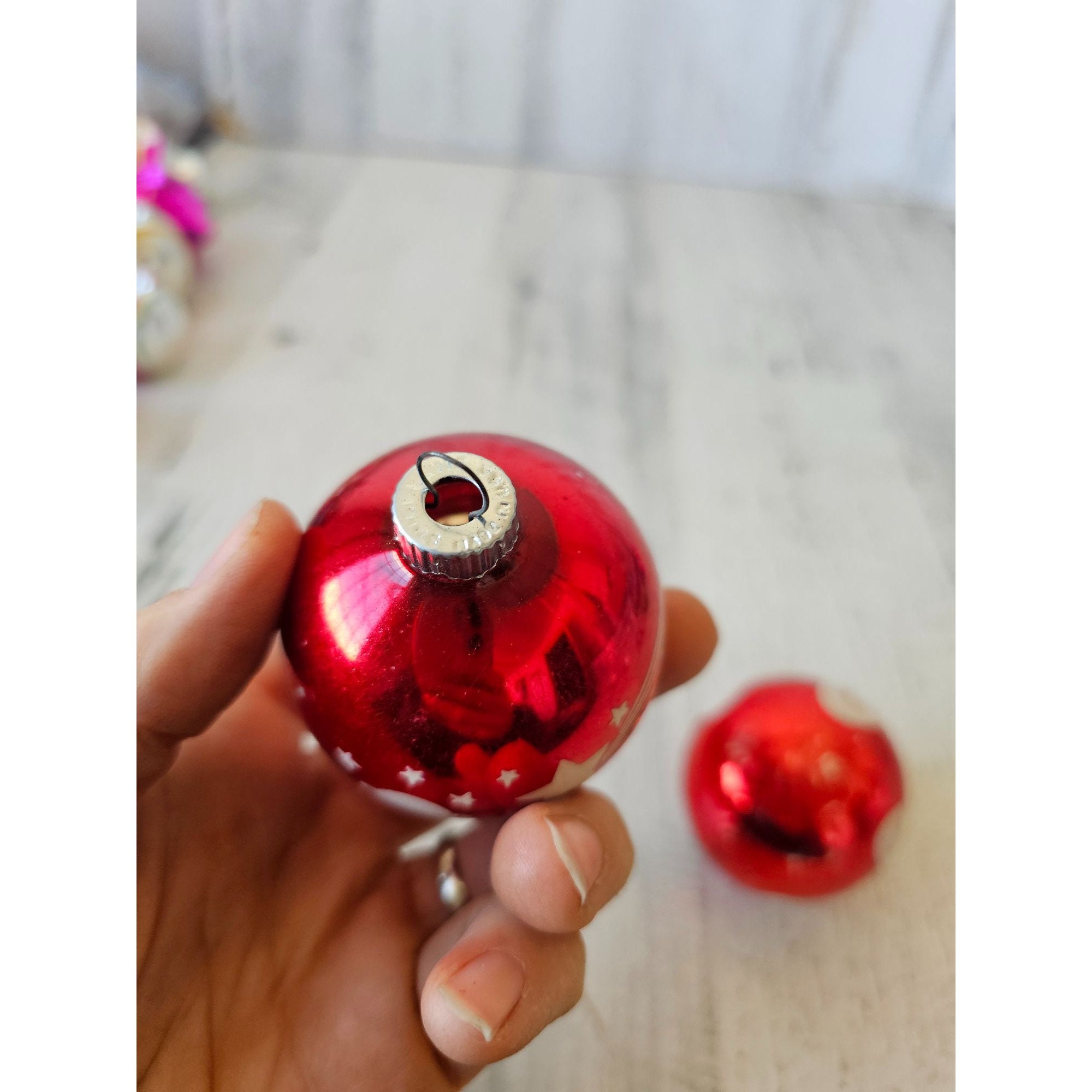 Vintage Radko Shiny Brite Red Ball Ornament Piece Carriage Star
