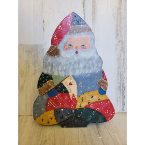 Unique vintage Santa claus Merry Christmas wooden figure floral