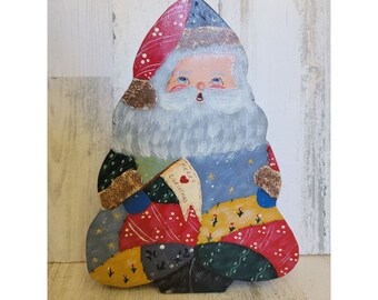 Unique vintage Santa claus Merry Christmas wooden figure floral