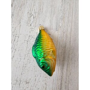 Czech vintage glass fish Fisher ornament sparkle glitter green yellow tree