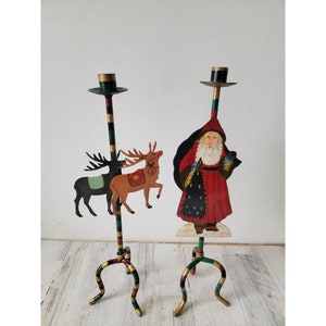 Vintage kerstman rendier kandelaar metalen kersthouder set