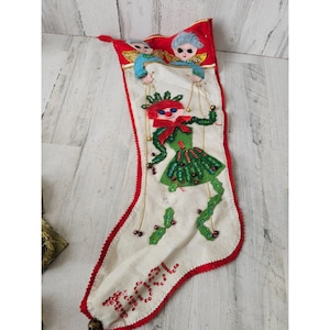 Vintage felt sequin beaded stocking Xmas home decor unique angels   puppet