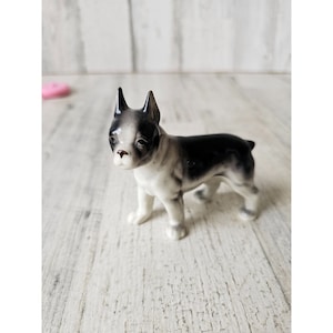 Vintage boxer puppy statue porcelain figurine black white decor