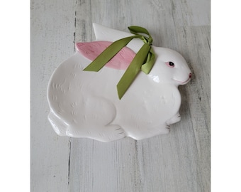 Ceramic white Easter Bunny plate home decor bow