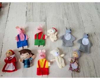 Wooden finger puppet Red Riding Hood bears grandma wolf mini vintage