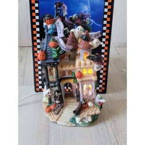 Vintage Spooky Hollow happy Halloween house Grim Reaper ghost pumpkin ceramic Village