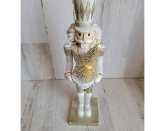 Transpac nutcracker light up tree white gold Xmas home decor figure