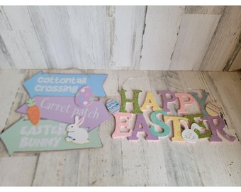 Happy Easter carrot patch arrow jelly beans spring hanging sign decor
