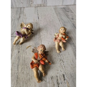 Vintage orange angel cherub Nativity ornament musicians violin flute harp hanging Xmas decor