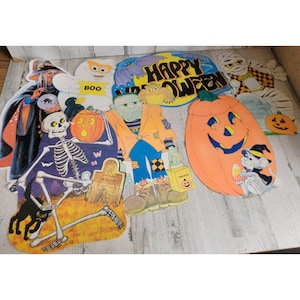 Letrero de papel de Halloween con recortes de cartón vintage de Amscan, conjunto de bruja y fantasma, esqueleto de tumba