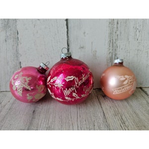 Vintage radko shiny Brite pink ball ornament New Year Bell dog clown Xmas set tree large