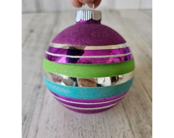 Vintage radko shiny Brite 4" purple striped velvet glitter ball ornament mercury glass Xmas tree