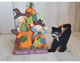 Wooden scarecrow patch black cat Halloween home decor set