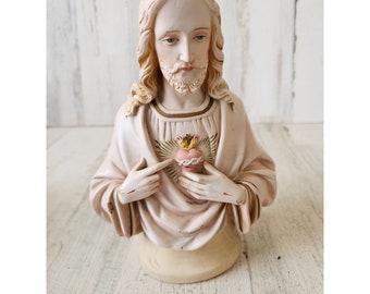 S.h. Jesus Herz Büste Statue Figur Kreideware Gips religiöser Vintage