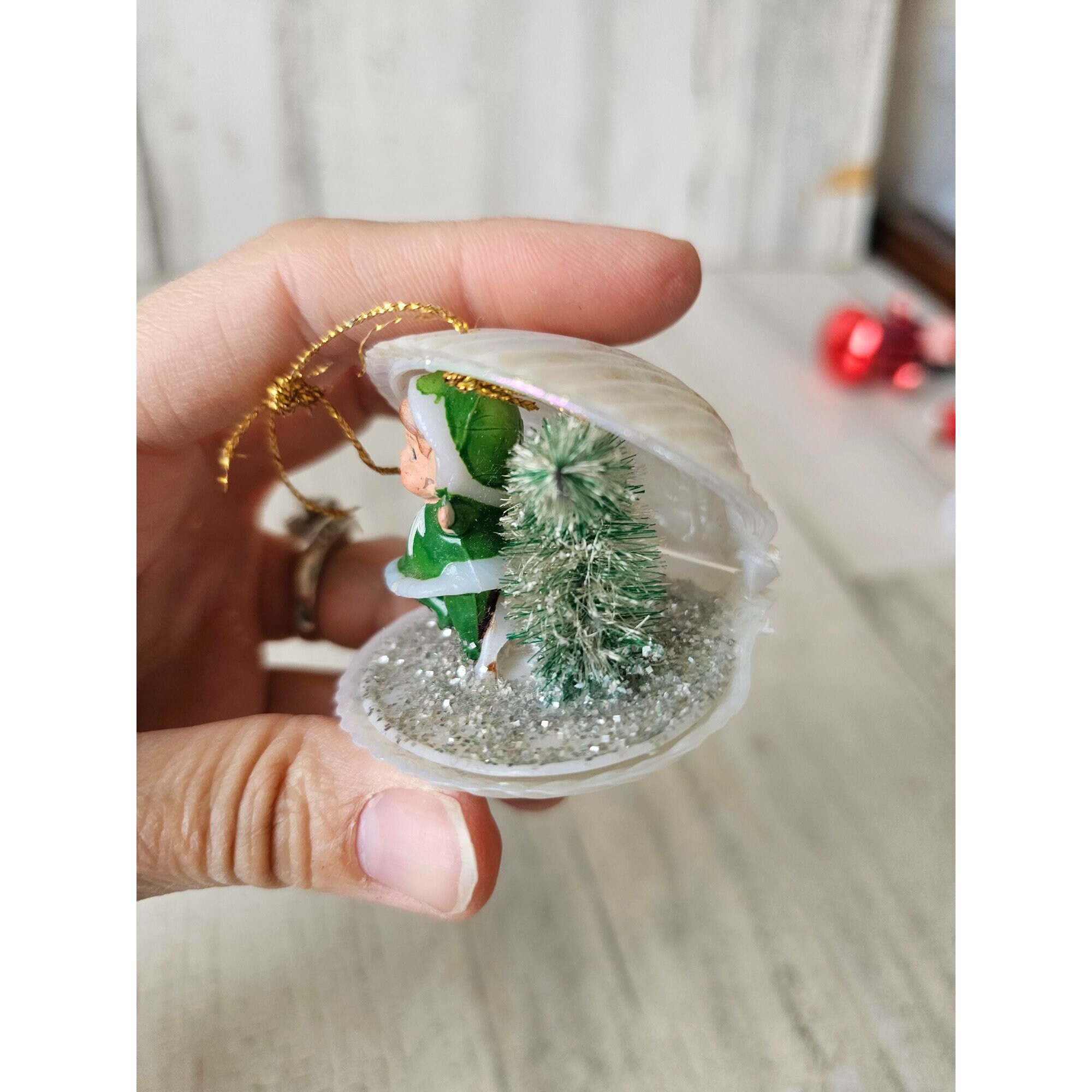 Antique Elf Clam Shell Ornament Diorama Pixie Tree Sparkle Xmas Vintage ...