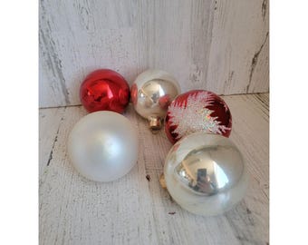 Vinatge silver red ball blown glass ornament Xmas set glitter