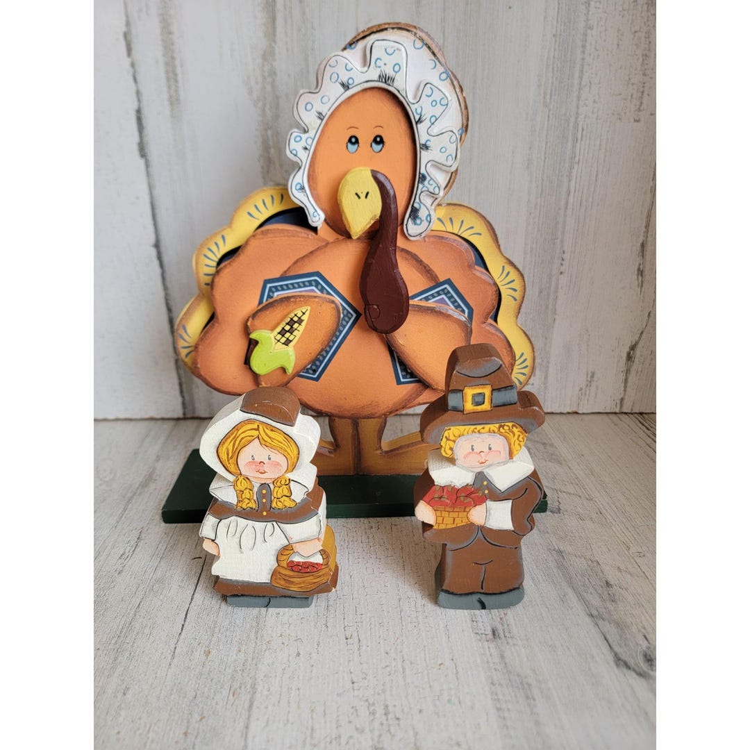 Vintage Wooden Turkey Pilgrim Girl Boy Thanksgiving Home Decor Xmas Set ...