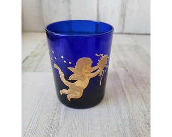 Culver cobalt Blue Glass cherub angel drinkware gold