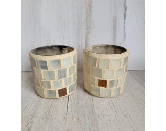 Set di portacandele e portalumini in piastrelle di vetro colorato, vintage, unico, per la decorazione della casa, rustico