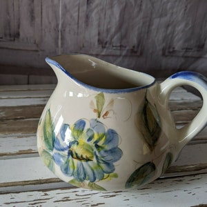 Vintage Hand Painted Floral Pitcher Milk Creamer Wine Water Jug Portugal Pottery