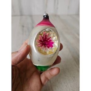 Vintage occupied Japan indent teardrop striped red green yellow reflector ornament Xmas tree