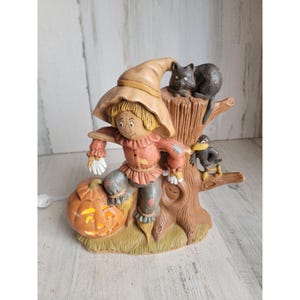 Espantapájaros de cerámica vintage con luz, calabaza, cuervo, gato, decoración de Halloween