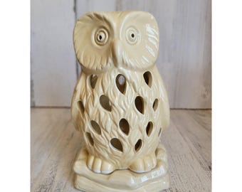 Portavelas de té de cerámica con forma de búho de colores neutros, figura decorativa única para el hogar