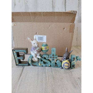 Easter sign blue bunny rabbit white brown egg glitter figure spring