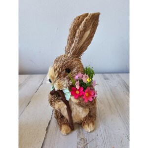 Vintage Pier sisal bottle brush rabbit bunny Easter spring cane flowers bouquet statue figurine