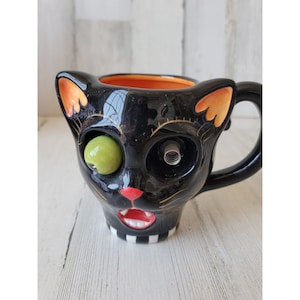 Dept 56 34599 AS IS Black cat mug google eyes Halloween home decor
