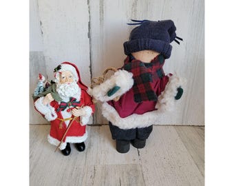 Vintage Santa Claus kid unique plaid doll figure set Xmas decor