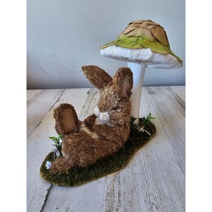Vintage sisal bottle brush bunny rabbit mushroom Easter spring decor statue figurine