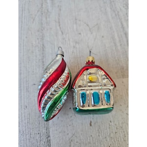 Vintage Mercury glass house spiral red green mini ornament set Xmas tree