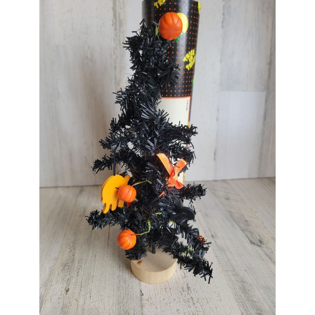 Vintage Mini Black Table Top Halloween Tree Ornament Goes Black Cat